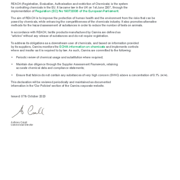 era - camira REACH declaration